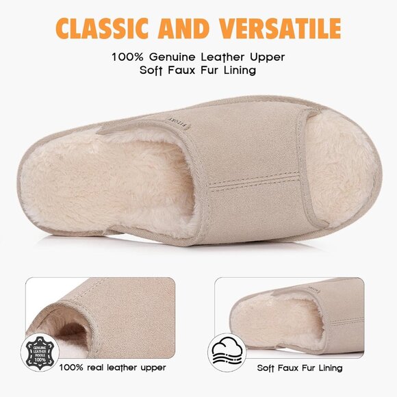 Women's Suede Slippers with Fuzzy Lined Open Toe Slide Sandals-Non-Slip Indoor/O - Picture 2 of 6